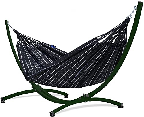 Potenza Outdoor Hängematte mit Gestell für 2 Personen I Catargo - Baumwolle Doppelhängematte XXL 220x160, 220kg I Hängemattengestell 220kg, wetterfest (Schwarz, Gestell Grün)