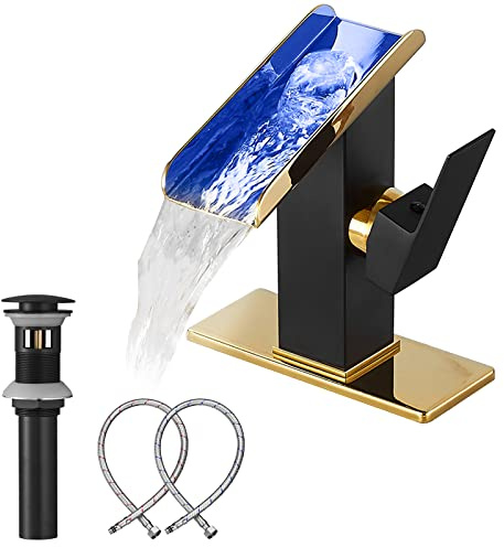 Black Bathroom Faucet Golden Waterfall Open Spout LED Color Changing One Hole Bath Vanity Sink Tap Single Handle with Bathroom Sink Drain Pop Up Stopper Overflow Water Supply Hose Include Modern