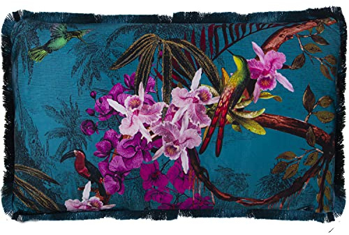 DRW Cuscino rettangolare a faccia in velluto con stampa digitale di fiori e uccelli con cerniera 50 x 30 cm