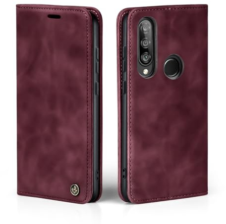 LBH Handyhülle für Huawei P30 Lite in Weinrot mit Karten- und Geldfach Smartphone Hülle mit Standfunktion Flip Case Schutzhülle Magnetverschluss Vintage
