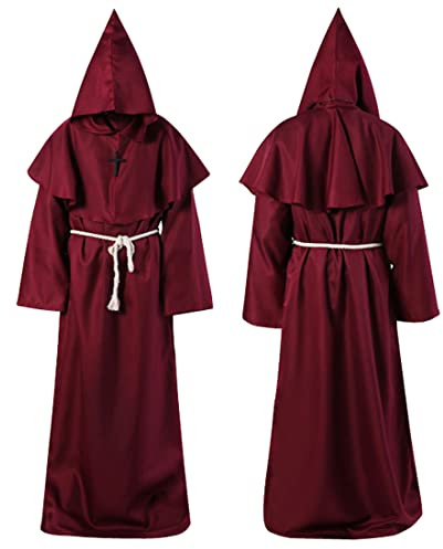 Wishstar munk-rock, XL medeltida renässans-rock, kostym munk med huva och sladd, vinröd män prister, väggbonad med kors för temafest halloween cosplay karneval och karneval