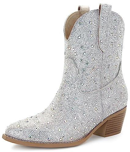 SOVANYOU Rhinestone Cowboy Ankle Boots for Women - Sparkly Western Booties, Short Glitter Crystal Booties, Silver Bling Cowgirl Boots