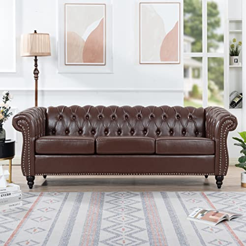 DNChuan 84 Pu Leather Button Chesterfield 3 Seater Couch,with Rolled Arm Classic Upholstered Low Back Armchair,Dark Brown