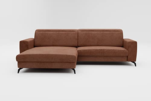 CAVADORE Ecksofa Bounce in Vintage-Leder-Optik / Eckcouch mit Longchair, Metallfüßen + Kopfteilverstellung / 290 x 88-108 x 178 / Mikrofaser, Sattelbraun