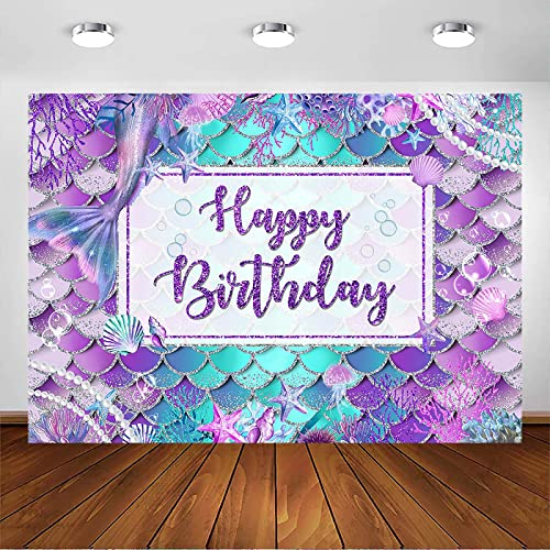 Avezano Meerjungfrau Geburtstag Hintergrund für Mädchen unter dem Meer Geburtstag Fotografie Hintergrund Lila Aqua Grün Meerjungfrau Schuppen Geburtstagsparty Dekoration(2,1 x 1,5 m)