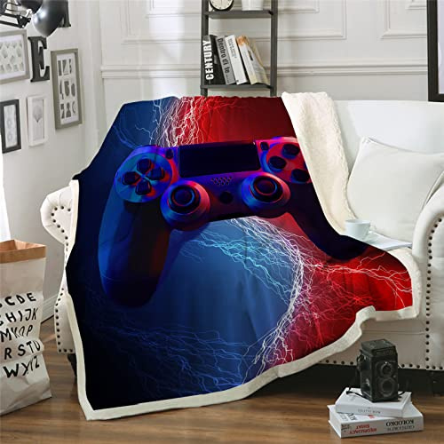 HAVOP Coperta per bambini e ragazzi, con motivo gamepad, motivo controller di gioco, colore: blu e rosso, coperta morbida in pile Sherpa, coperta per letto per bambini, adulti e adolescenti
