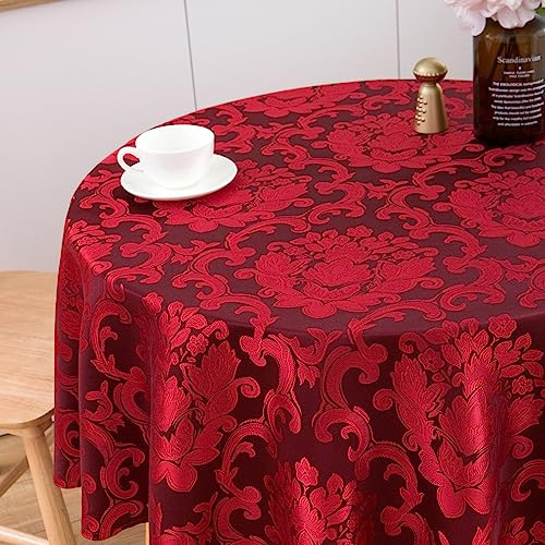 SPRICA Round Jacquard Tablecloth 150cm Classic Flower Pattern Thick Heavy Weight Soft Table Cover, Machine Washable, Burgundy