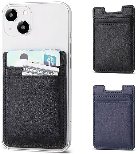 Phone Wallet Stick on,2Pack Card Holder for Back of Phone Case, Leather Credit Card Holder for Cell Phone Sticky Wallet RFID Double Pocket Sticker for iPhone,Android,Samsung-Black,Navy Blue