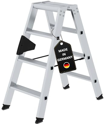 PROREGAL Stufen-Stehleiter | beidseitig begehbar | 2x4 Stufen | Leiter, Teleskopleiter, Trittleiter, Bockleiter, Sprossen-Doppelleiter