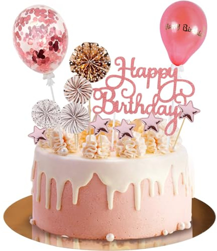 Moorle Happy Birthday Tortendeko 12 Stück, Damen Torten Geburtstagsdeko, Rosa Gold Kuchendeko, Topper Tortendekoration mit Golden Sterne Papierfächer Konfetti Luftballons für Geburtstagsfeier