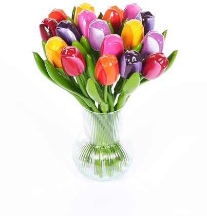 MomoMoments Bouquet di tulipani in legno con vaso di vetro, 17 tulipani in legno, 34 cm, dipinto a mano, bouquet, fiori in legno, regalo da donna, Paesi Bassi