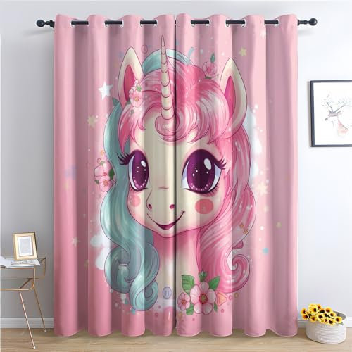 Vorhänge Einhorn, Verdunkelungsvorhang 2er Set - Vorhang Blickdicht Mädchen Cartoon Muster, Thermovorhang für Deko Wohnzimmer Schlafzimmer Kinderzimmer, Gardinen mit Ösen 160x132 cm (HxB) (Qo-&19)
