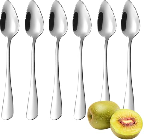 6 cucchiai per pompelmo, dessert, in acciaio inox, con bordo seghettato, in acciaio inox, per raschiare la frutta, cucchiaio seghettato per kiwi, dessert, mele, agrumi