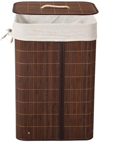 Wäschekorb Bambus mit Deckel Faltbar Geflochten Natürlicher Schmutzwäschebehälter Abnehmbarer Wäschesack 58L/72L (Dunkelbraun-Quadrat, 60 * 40 * 30 cm)