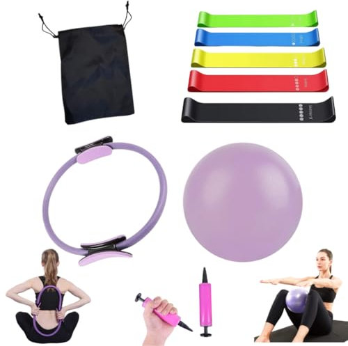 Set de 5 Bandas Elásticas Fitness,Pelota Pequeña de Pilates,Aro de Pilates,Kit de Pilates para Ejercicio en Casa,Cintas Elásticas musculación,Bandas de Resistencia con QR Clases Gratuitos