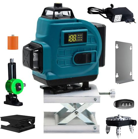 Niveau Laser Autonivelant bleu 4 x 360°, Laser Chantier 4D 16 Lignes, Autonivellement et Mode Pulsé Extérieur, IP54 2, x Batterie, Nivellement Automatique, Support Rotatif, Télécommande