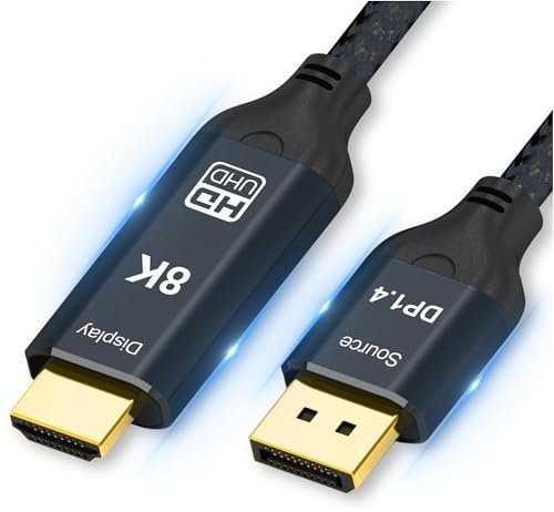 Reagle Cable DisplayPort a HDMI – 8 K @ 60 Hz, 4 K @ 144 Hz, HDR, envolvente 3D, Plug & Play – trenzado de nailon de alta calidad, conectores dorados, transmisión unilateral – perfecto para juegos y