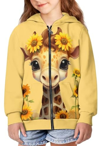 Upetstory Sunflower Giraffe Hoodie for Girls Boys Size 8-10 Years Kids Zip Up Hoodies Casual Athletic Jacket Hooded Sweatshirts Active Hiking Camping Running Outdoor Gym Holiday