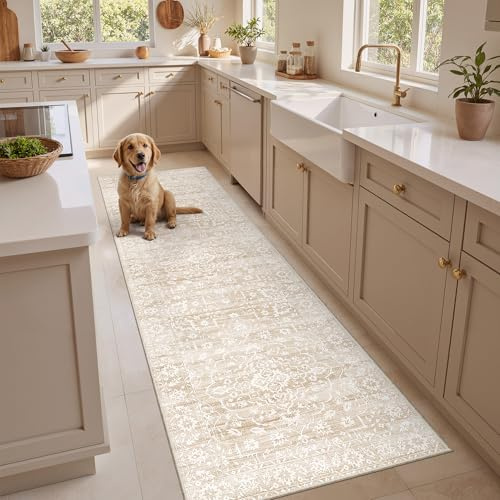 Soalmost Washable 2.5'x8' Runner Rugs for Hallway, Kitchen Runner Rugs with Rubber Backing Vintage Non-Slip Soft 2'6x8' Carpet Runner for Entryway Laundry Bedroom Farmhouse Beige