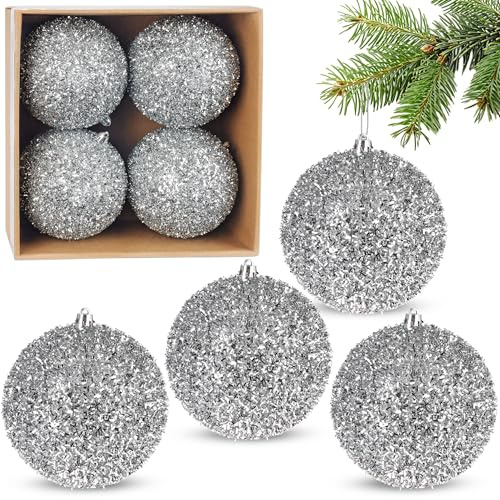 BRUBAKER Glitzer Weihnachtskugeln - 4er Set Glitter Baumkugeln - Silber | 10 cm große Christbaumkugeln Bruchsicher aus Kunststoff - Christbaumschmuck für Weihnachtsdeko - Weihnachtsbaumkugeln