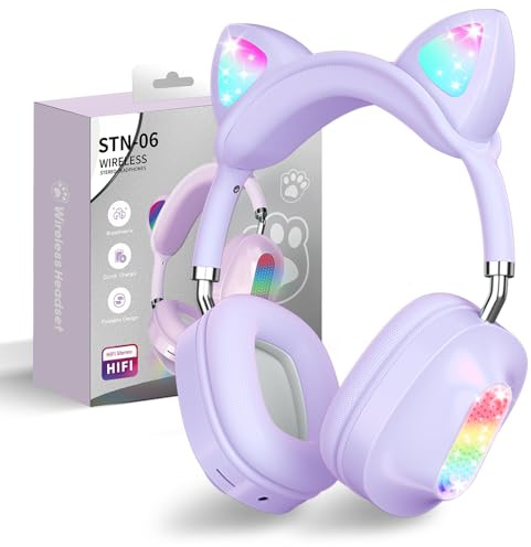 OHAANYY Casque Bluetooth pour Enfants sans Fil,Casque Cat Pliable avec LED Flash Lumières Glow, Enfants Bluetooth 5.0 avec Microphone et Contrôle du Volume, Carte Slot pour PC/Tablettes/TV (4)