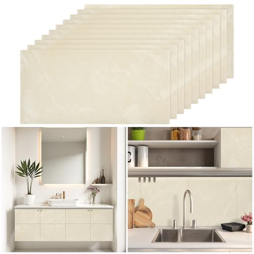 Warmiehomy Marmorfliesenaufkleber, 60 x 30 cm, dick, selbstklebend, wasserdicht, abziehen und aufkleben, Vinyl-Marmorfliesen für Wohnzimmer, Schlafzimmer, Badezimmer, Küche, Spritzschutz, Beige-Weiß