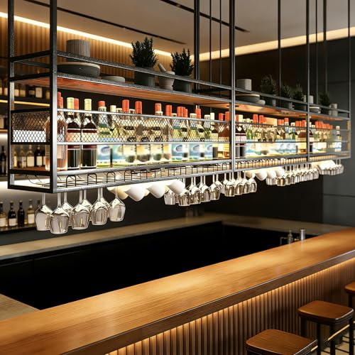 amhricho 31.5in Ceiling Wine Glass Rack, 2-Tier Wooden Hanging Wine Rack, Industrial Black Metal Hanging Wine Storage Holder, with Glass Holder for Restaurant, Bar (BLACK, 31.5 * 11.8 * 35.4INCH)
