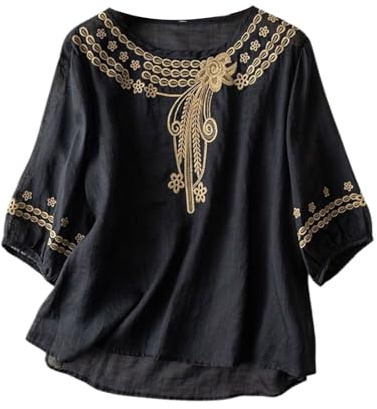 Oversize Shirt Damen, Leinenbluse Damen 3/4 Arm Grünes Tshirt Retro Elegante Oberteile mit Stickerei Muster Rundhals Leinenhemd Sommer Locker Leinen-Shirt Lässig Tunika Musselin Bluse Boho Summer Tops
