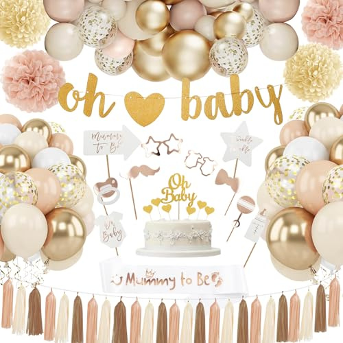 WINAROI Baby Shower Deko Mädchen Junge,Beige Dekoration für Babyparty,Baby Party Dekoration Luftballons,Oh BabyBanner,Mommy to Be Sash für Babyshowerparty,Boy or Girl Deko