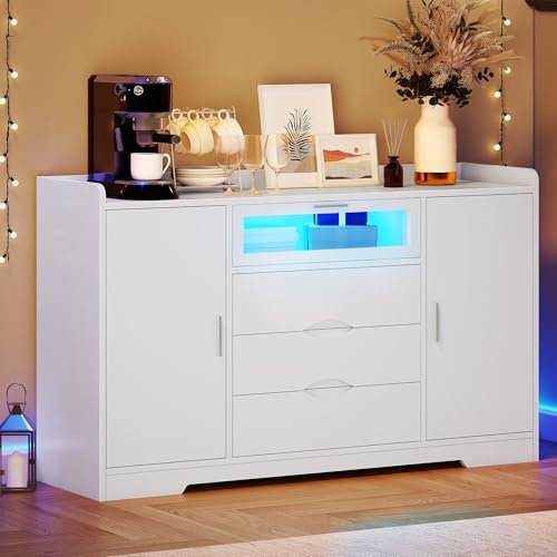 YITAHOME weißes Sideboard, Küchenschrank und Wohnzimmerkommode mit LED-Leuchten, Buffet für Flur, Eingang, Küche oder Wohnzimmer, Vitrine (140 x 35 x 85cm)