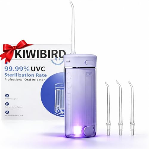 KIWIBIRD Mini vattenflosser för resor, ultraportabel sladdlös munsköljare med UVC-ljus, IPX8 vattentät 3 lägen, 230 ml tandrengörare för tonsilstenar och tandskydd – hem och resor (lila)