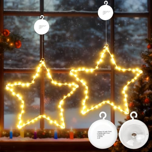echosari 120 LED Sterne Weihnachtsbeleuchtung Fenster lichter mit Timer, 2 Stück Batterie Weihnachtsstern mit Saugnapf Metall Weihnachtsdeko Fenster Innen Außen für Balkon Hochzeit Party