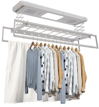 wanwanper Elektrischer Wäscheständer Deckenmontage, Wand- und Decken-Wäscheständer Ausziehbar 130-215CM mit Fernbedienung & LED-Beleuchtung, Blaulicht-Sterilisation & 2X Ventilatoren (Silber)