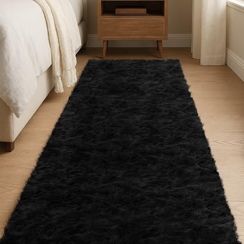 JOYARR Tapis Couloir Salon Poils Longs, Doux Lavable Antidérapant Moderne pour Chambre Entrée Salon, 60x180 cm, Noir