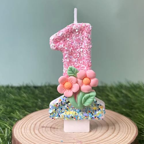 Ovanda Geburtstagskerze 1 Rosa Blume Kuchen Topper mit Pailletten,zum 1 Geburtstag mit Tablett und Stab Eine Kerze für Den Ersten Geburtstag Geburtstagsparty Kuchendeko und Geschenke,Zahlenkuchenkerze