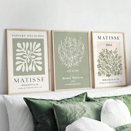 Xiyocadt 3er Stilvolle Poster Set, Grün Pflanzen Leinwand Bilder,Abstrakte Matisse Poster,Vintage Leinwanddrucke,für Wohnzimmer Schlafzimmer Bad Büro,Ohne Rahmen (30x40cm)