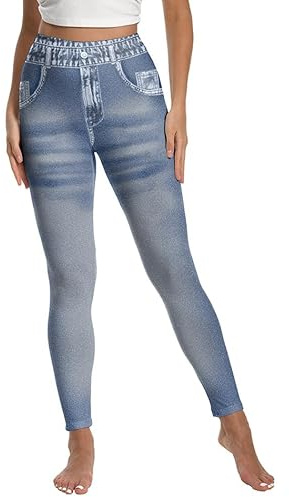 SXHEYUY Blue,L, Women Denim Look Leggings Pants Yoga Active Elastic Jeans High Waisted Stretchy Bodycon Trousers