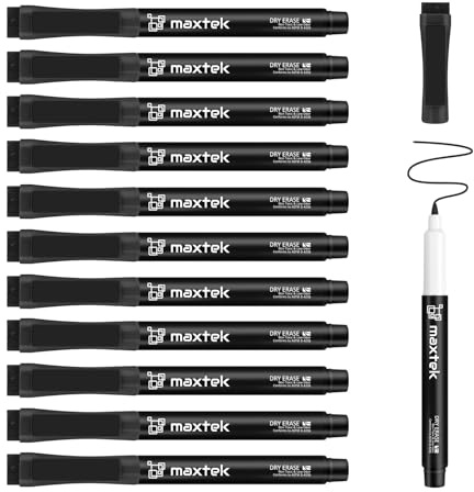 maxtek Magnetische Whiteboard Marker 0,7 mm ultrafeine Spitze mit Radiergummi, 12 Stück Schwarz, Whiteboard Stifte Abwischbar für Whiteboard Kalender, Folien und laminierte Planer