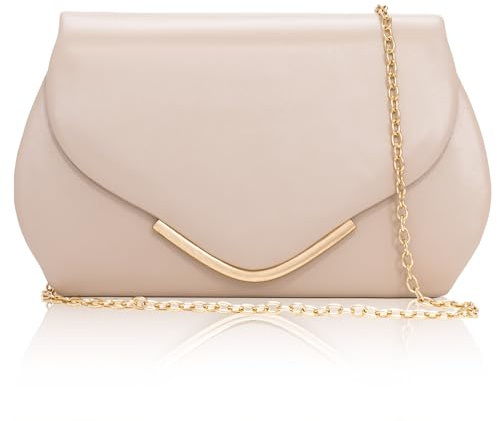 Toptime Damen Clutch, Nude Leder Handtasche Damen Klein mit Abnehmbare Metallkette, Elegante Geschwungene Abendtasche mit Innentasche, Mode Umschlag Umhängetasche Beige für Hochzeit Party Cocktail