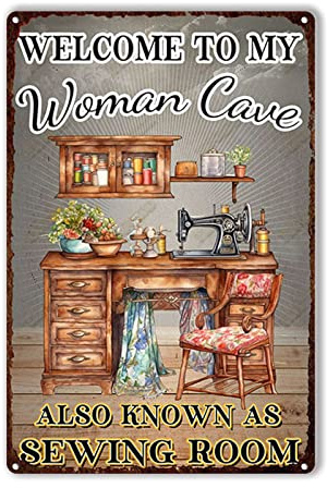 Insegna vintage in latta Benvenuti nella mia grotta di benvenuto - Insegna in metallo Croce delle donne che cuciono - Insegna in latta divertente - Decorazione retrò per la parete di casa, garage,