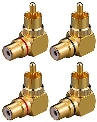 EIGHTNOO 4 Pezzi Connettori RCA 90 Gradi, Adattatore da Maschio a Femmina RCA ad Angolo Retto da 90 Gradi, Adattatore ad Angolo Retto RCA Placcato Oro per Audio Video Adattatorei, 2 Rossi e 2 Neri