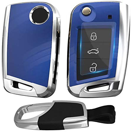 Kwak's Autoschlüsselhülle für VW Skoda Seat Tiguan Golf 7 Lamando Teramont Touran Lavida 3 Tasten Falt Schlüssel Box Key Cover Shell mit Schlüsselanhänger(Blau)