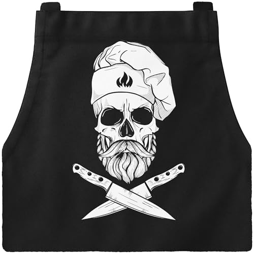 MoonWorks® Delantal para barbacoa para hombres con texto en alemán Hier grillt der Chef persönlich Spruch Hipster Grillen Baumwoll-Schürze KüchenSchürze, Chef Skull Black, Talla única