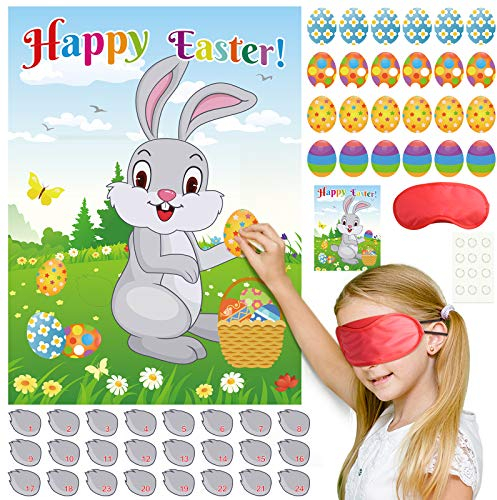 FEPITO Gioco di Pasqua per Bambini, Pin la Coda sul Coniglietto, Pin l'uovo sul Coniglietto con 24 Code, 24 Adesivi per Uova di Pasqua per Decorazioni per Feste pasquali, attività di Caccia alle Uova