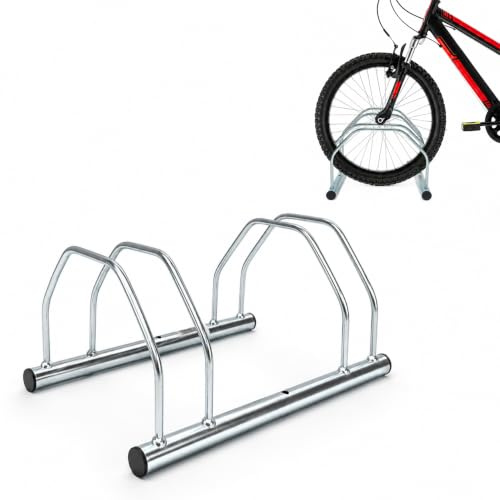 KOMBO - Rastrelliera Portabici 2 Posti in Acciaio Zincato per Ruote fino a 28 con Ganci Doppi e Tappi Anti-Graffio – Parcheggio Bici da Esterno o Garage, 42x30x21 cm