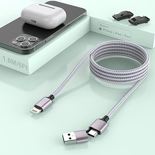 1.8M/6FT 2 EN 1 iPhone Lightning Cable de carga,Tipo C a Lightning+USB A a Lightning PD Cargador rápido Adaptador de cargador de Sync de nailon para Apple/iOS/iPhone13/12/11/SE/Xs/Xr/8/7/Pad/iPod