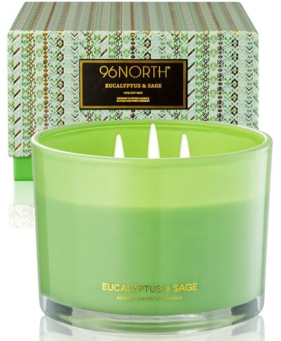 96NORTH Luxury Eucalyptus & Sage Soy Candle | Large 3 Wick Jar Candle | Up to 50 Hours Burning Time | 100% Natural Soy Wax | Housewarming Gift for Men and Women