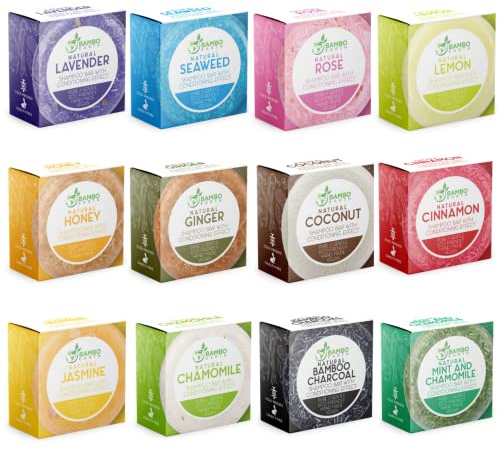 Solid Shampoo Bar And Conditioner Effect Hair Soap – 12 Pack Natural Shampoo Bars For Hair With Plant Based Essential Oils And Eco Friendly Zero Waste Biodegradable Packaging (Different Scents Pack Of