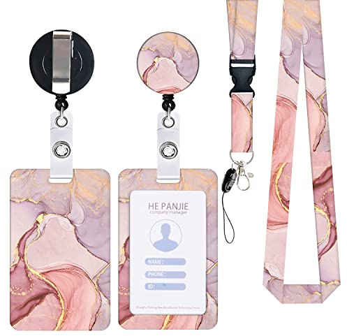 Porte Badge Carte Clés avec Cordon Tour de Cou Enfant Marbre Rose