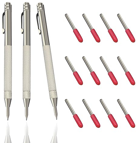 3 Stück Wolframcarbid Stift, Anreissnadel Hartmetall mit Magnet, Anreißnadel für Metall mit 12 Ersatz Red Hat Markierspitzen, Reißnadel Diamant für Glas, Keramik und gehärteten, Silber, Carbide Pen